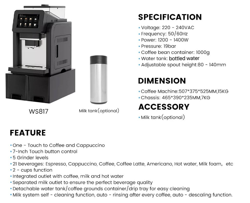 Mcilpoog WS817-Plus Máquina de café expresso automática com tela grande colorida de 7", com bico vaporizador, 21 sabores para casa e escritório