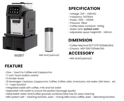 Mcilpoog WS817-Plus Máquina de café expresso automática com tela grande colorida de 7", com bico vaporizador, 21 sabores para casa e escritório