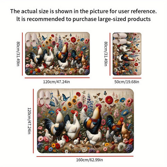 VIKAMA Rooster Floral Print Non-Slip Flannel Doormat Machine Washable Rug Suitable for Kitchen, Bathroom, Living Room, Bedroom