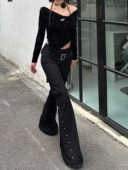 Retro new pure black rivet design belt decorative slim pants for women y2k Harajuku Goth low-waisted flared pants