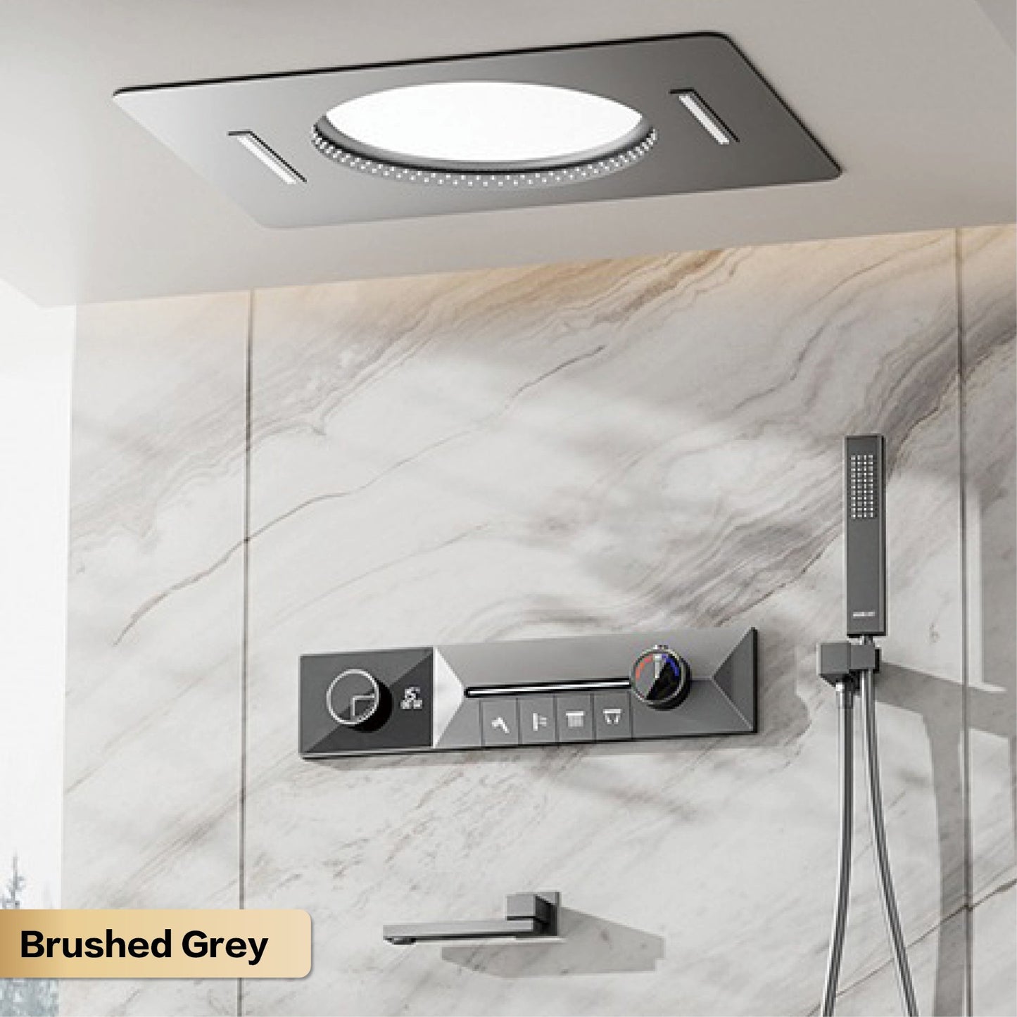 AITANA sistema de chuveiro de luxo em latão cinza arma, embutido no teto, com temperatura constante e display digital LED, torneira de banheiro com água quente e fria