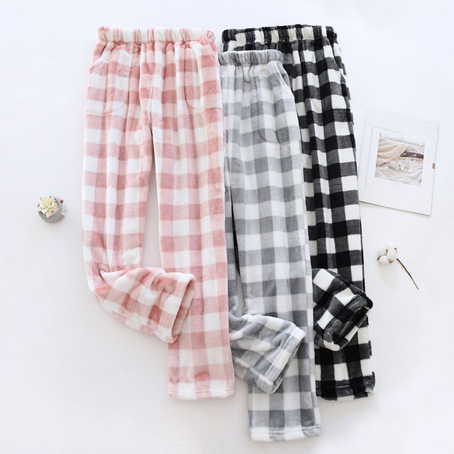 Women Pajama Pants Yoga Pants Elastic Waist Fuzzy Fleece Plaid Bottoms Soft Lounge Sleepwear With Pockets Plush Pajamas Pants