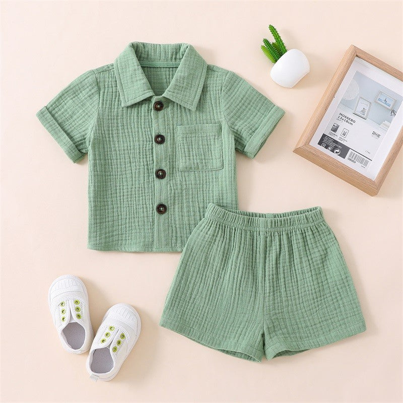 Cotton Linen Casual Toddler Baby Boys Summer Outfits Solid Short Sleeve Pocket Button Down Lapel Shirt + Shorts 2PCS Clothes Set