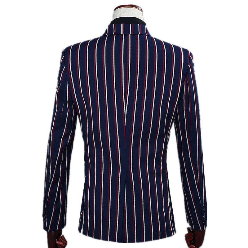 Navy Blue Mens Double-breasted Suit Two-piece Set, White Vertical Striped Jacket Paired with Matching Trousers, Asian Size S-XXL