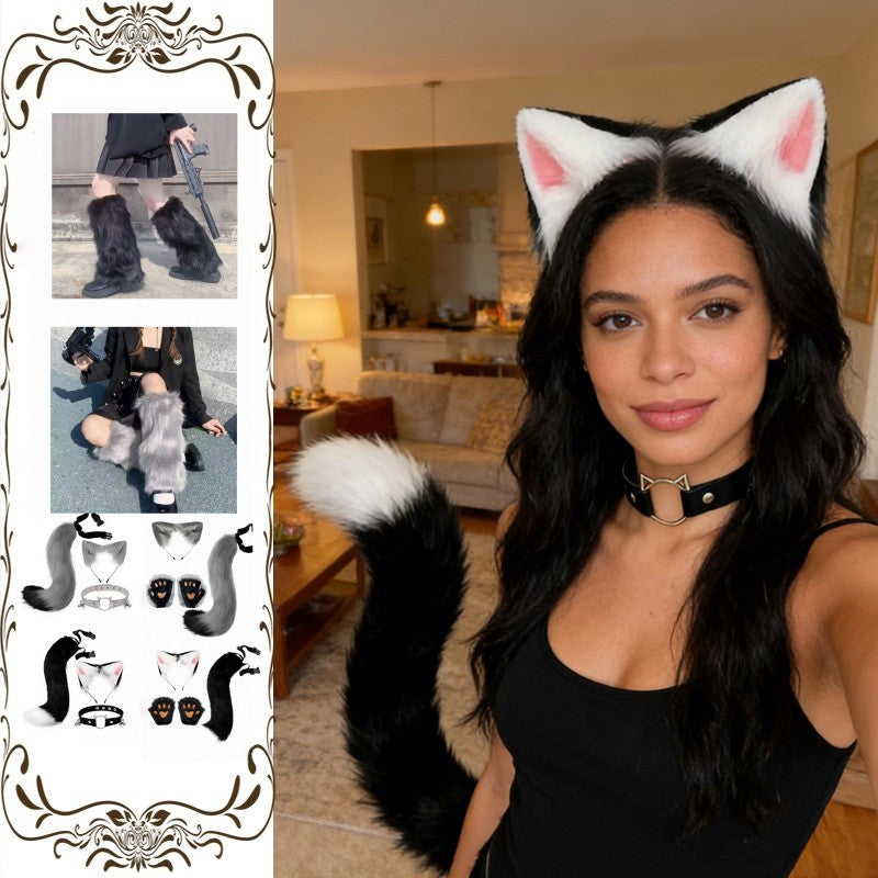 Costume Set Fox Tail Ears Gloves Artificial Fur Boot Covers Cosplay Halloween Prop Adult Women Men Unisex