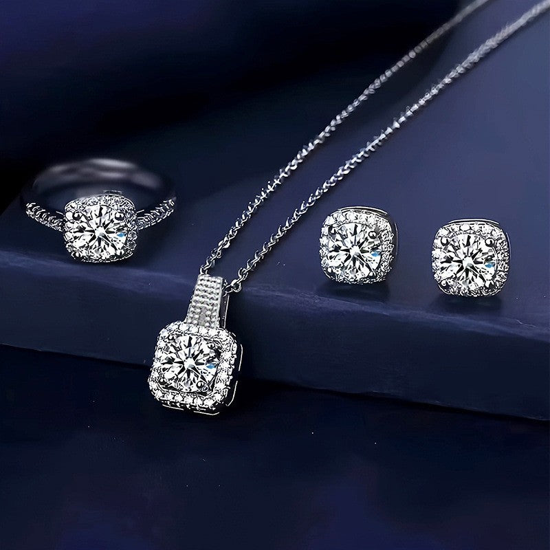 Conjunto 3 Peças Marca Luxo Brilhante Geométrico Quadrado Zircão Colar Brincos Anéis para Mulheres Conjunto Joias de Moda Charmoso Presente de Aniversário