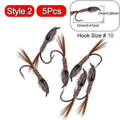 5 Peças Latão Beadhead Pavão Herl Buzzer Fly Isca de Pesca no Gelo Jig Ninfas Larvas para Pesca de Truta Perca Bluegill