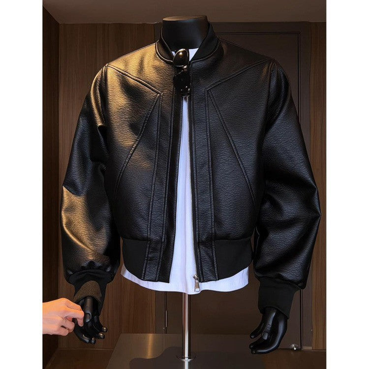 American Trend Retro Crack Leather Versatile Casual Jackets Stand Collar Leather Bomber 2025 Men's Fashion Commuter Leather Coat