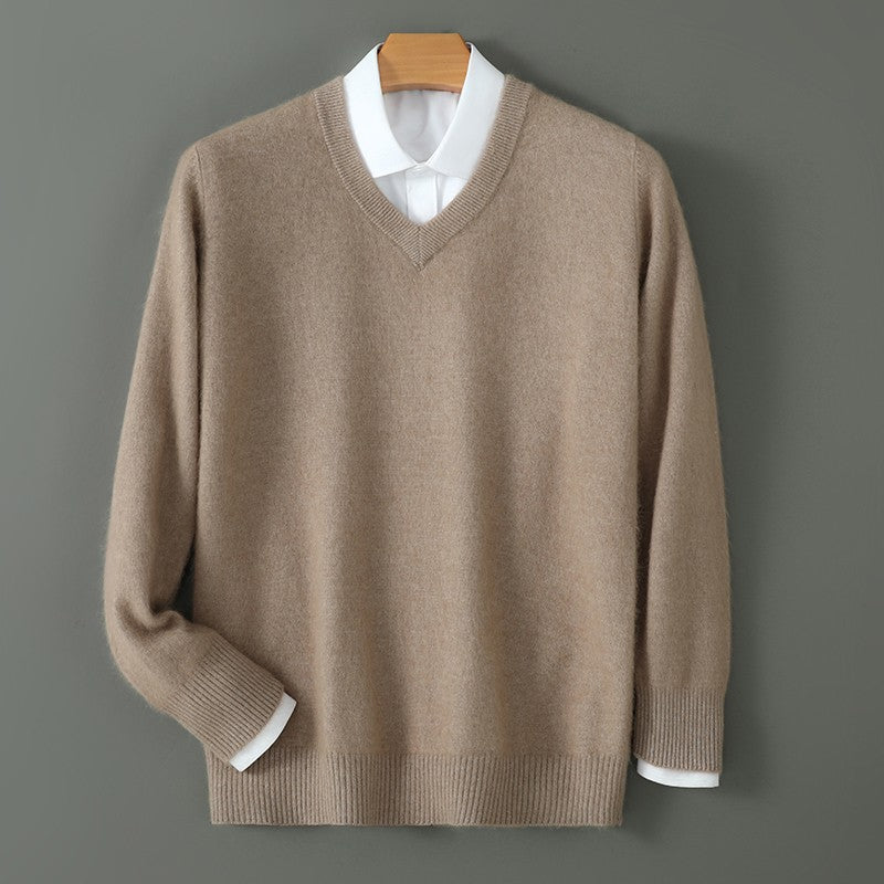 Autumn And Winter New Warm Pure Mink Cashmere Sweater Men's V-neck Pullover Thickened Plus Size Knitted Bottoming Shirt