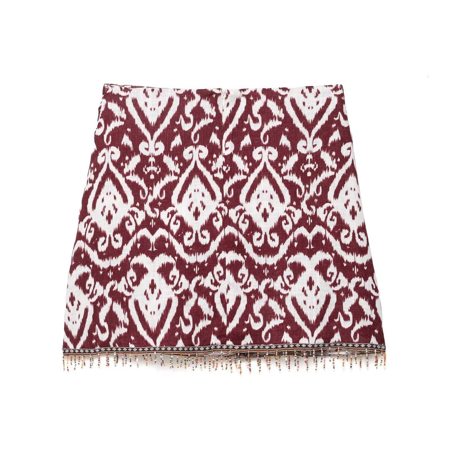 Zevity Women Fashion Totem Print Colorful Beading Tassel Mini Sarong Skirt Faldas Mujer Female Chic Back Zipper Vestidos QUN9282