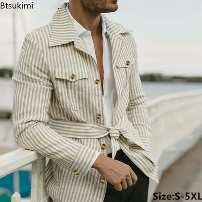 New 2025 Spring Autumn Men's Clothing Trend Striped Multi-pocket Men Cardigan Suit Jackets Business Casual Lace-up Coats for Men