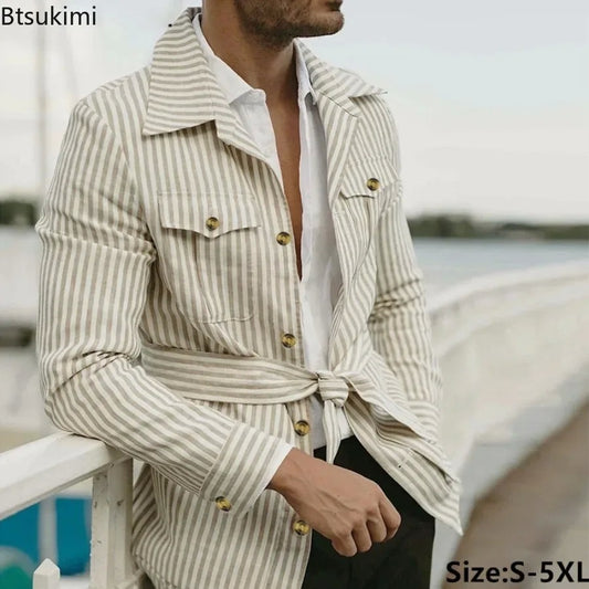 New 2025 Spring Autumn Men's Clothing Trend Striped Multi-pocket Men Cardigan Suit Jackets Business Casual Lace-up Coats for Men