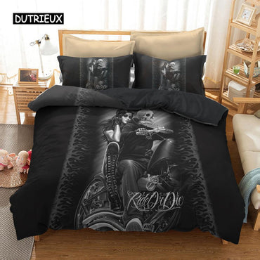 Black Duvet Cover Human Skeleton Bedding Set Horror Skull Motorcycle and Beauty Duvet Cover Single Double Queen King Size Decor
