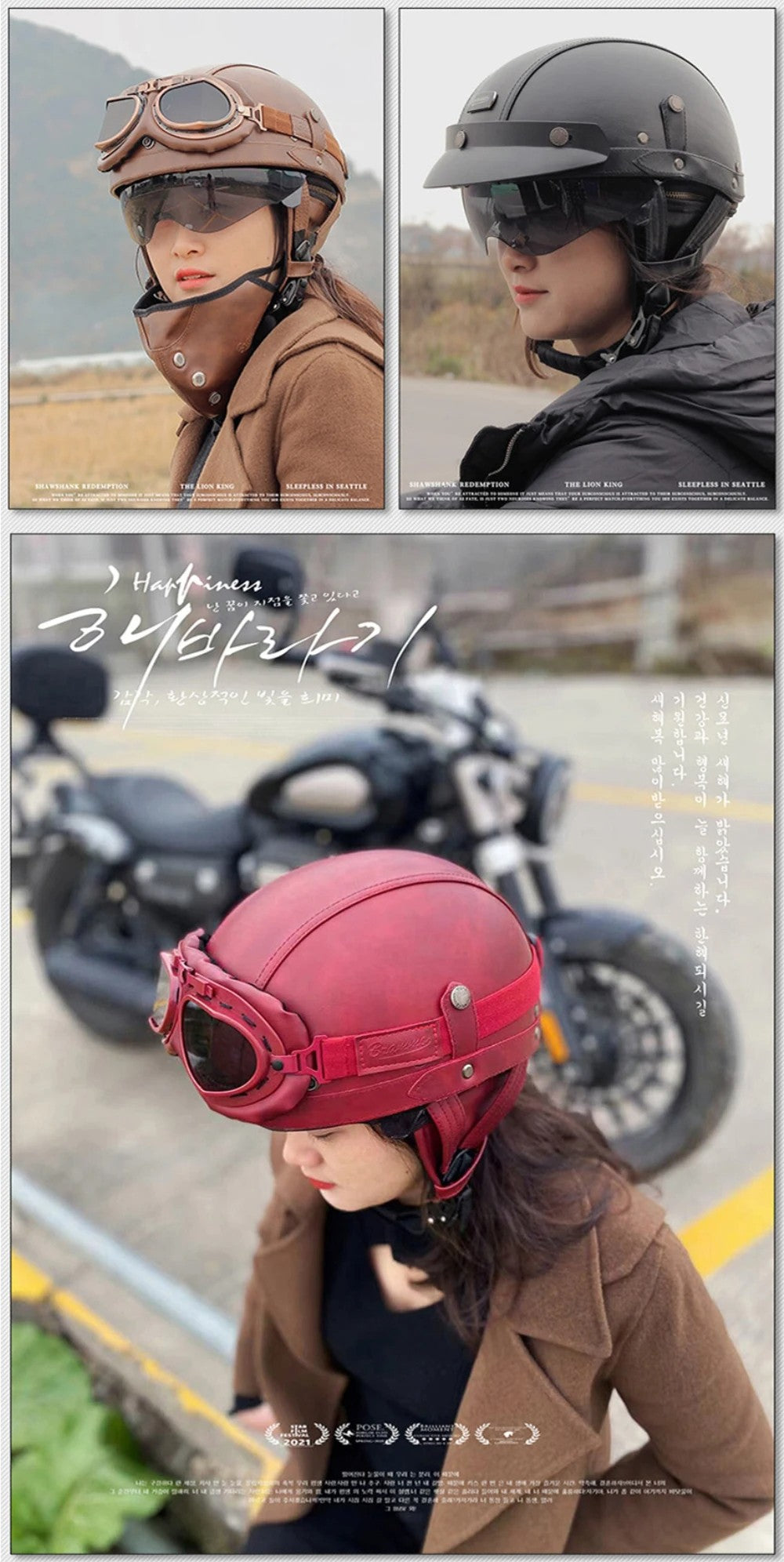 Retro Motorcycle Helmet PU Leather Moto Helmets Men Women Half Helmet HD Lens Casco Four Seasons Riding Scooter Capacetes
