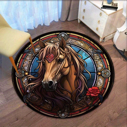 Round Crystal Velvet Rug Stained Glass Horse Art Portrait Animal Design Elegant Home Decor Living Room Floor Mat