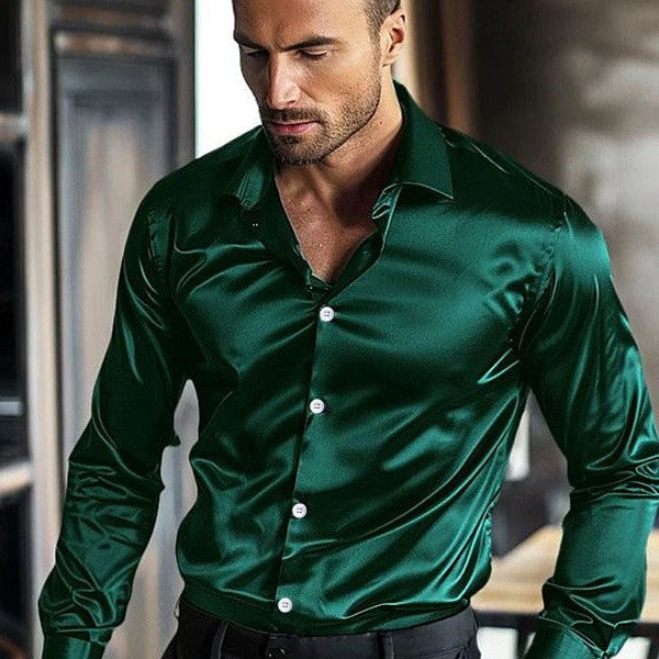 Casual Men's Satin Silk Dress Shirts Long Sleeve Social Single Breasted Button Turn-Down Collar Shirts Wedding Party Men Clothes