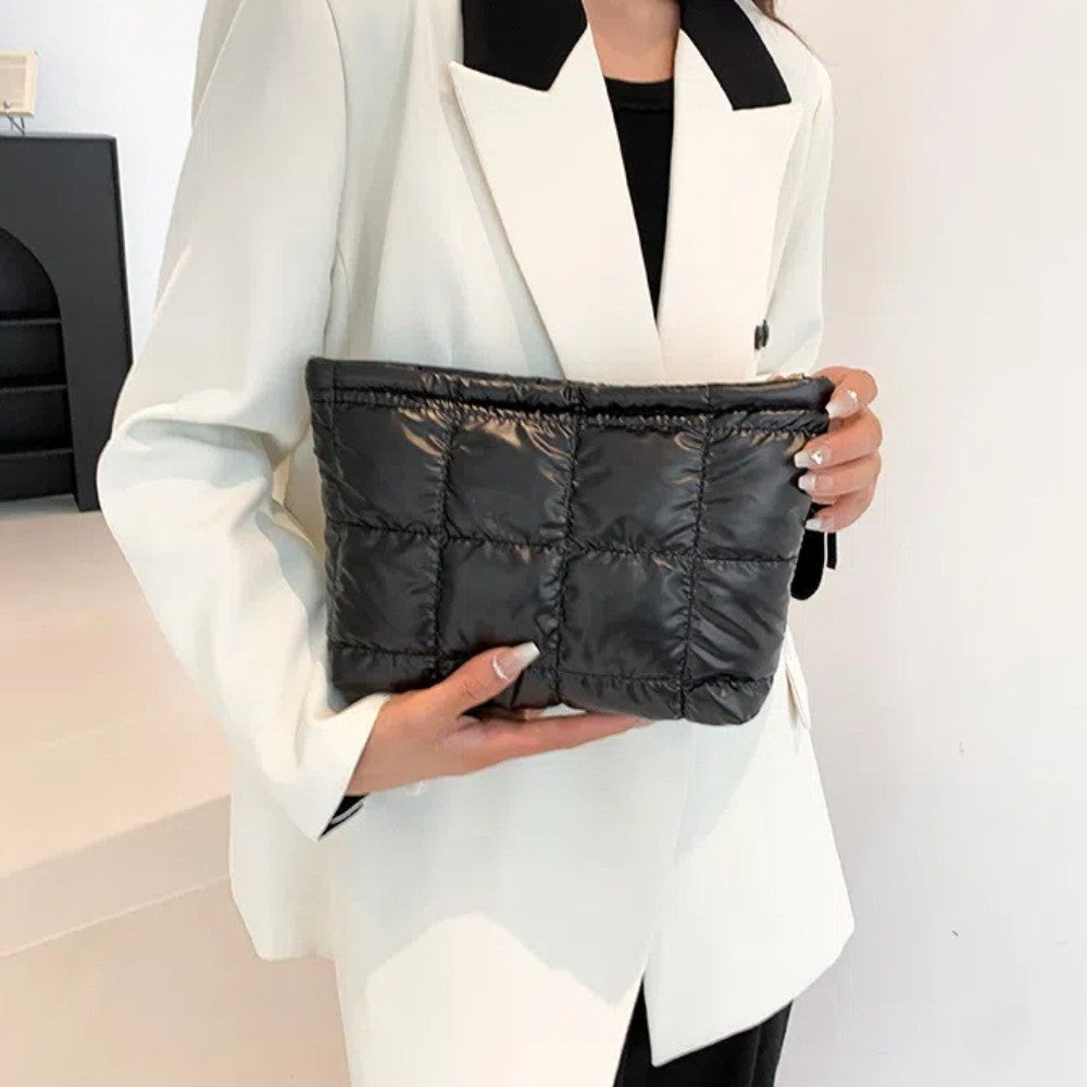 Cotton Filled Puffer Pouch Large Capacity Storage Purse Puffer Padded Makeup Bag Sewn Waterproof Thick Plaid Clutch Bag Daily
