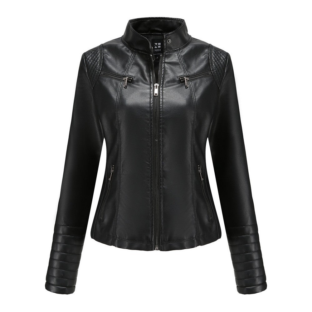 Women's Slim Leather Jacket, Stand-up Collar, Zipper Stitching, Monochromatic Coat, Fashion Clothing, New