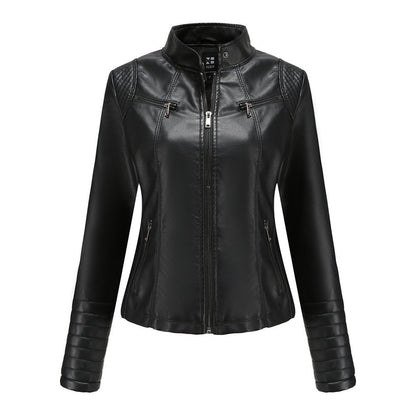 Women's Slim Leather Jacket, Stand-up Collar, Zipper Stitching, Monochromatic Coat, Fashion Clothing, New