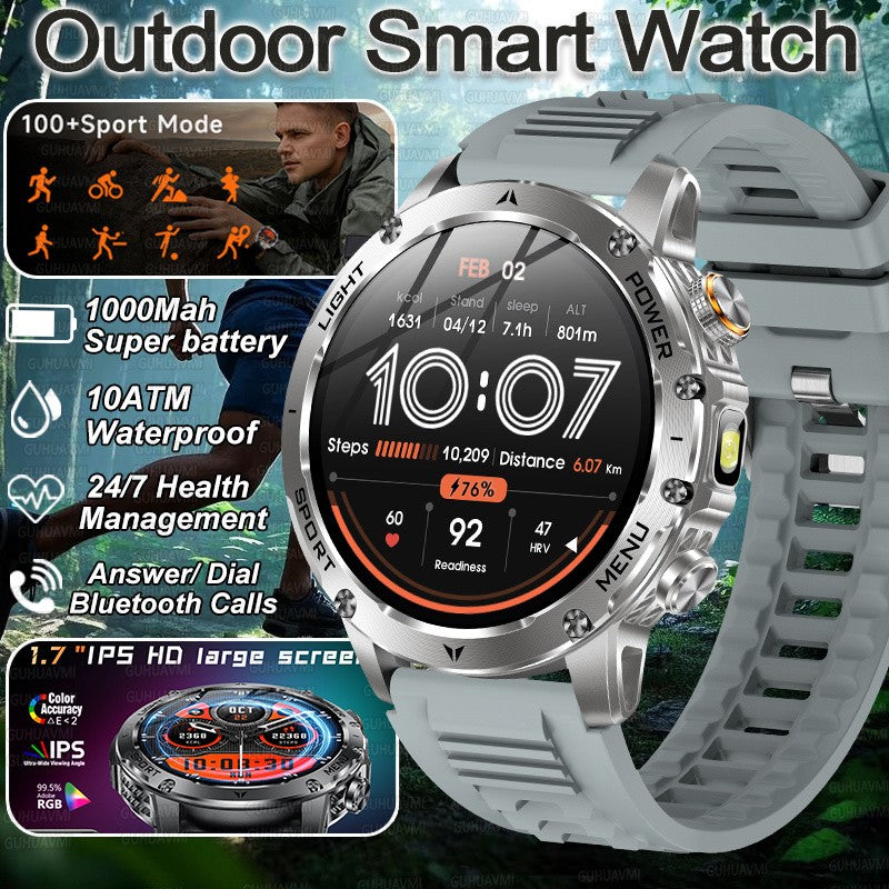 Smartwatch Militar Novo 2025 Bateria 1000mAh Monitoramento Fitness 10ATM À Prova D'Água Táticas Esportivas Lanterna Pulseira para Chamadas Masculino