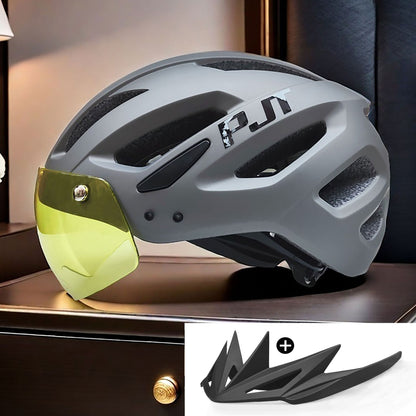 PJT Adult Bike Helmet With Rechargeable LED Rear Light Dual Mode Goggle Cycling Helmet MTB Lightweight Breathable Bicycle Helmet