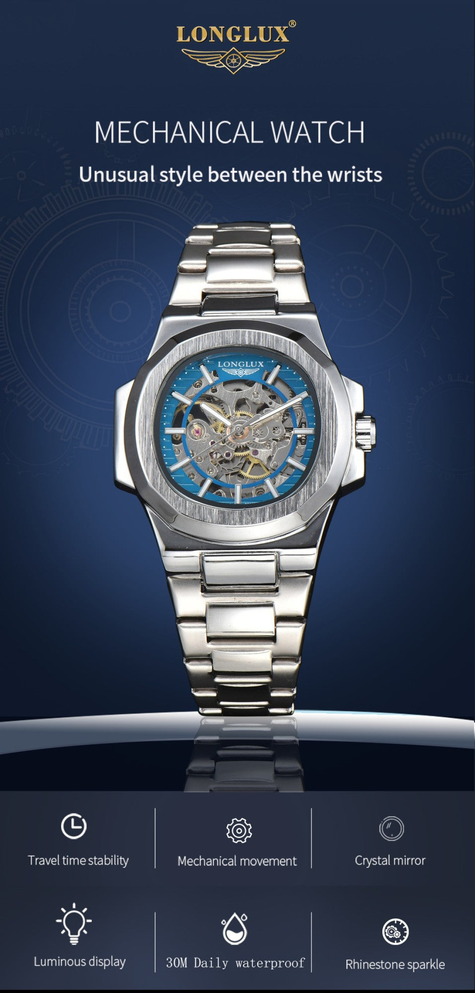LONGLUX Relógio masculino automático mecânico de luxo à prova d'água esqueleto executivo barato atacado de aço inoxidável relógio de presente