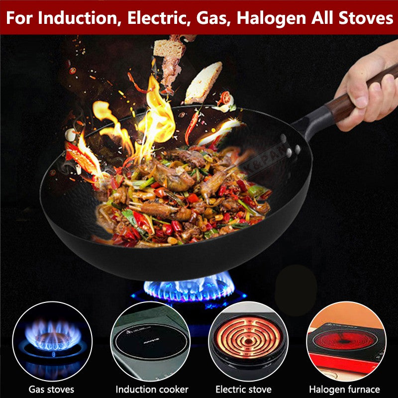 Carbon Steel Wok Pan 32cm Stir-Fry Pans with Wooden Lid Uncoated Flat Bottom Chinese Pan for Induction Electric Gas All Stoves
