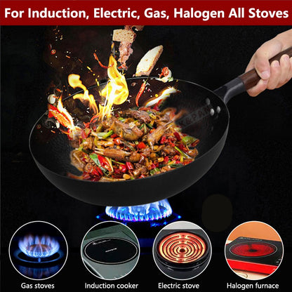Carbon Steel Wok Pan 32cm Stir-Fry Pans with Wooden Lid Uncoated Flat Bottom Chinese Pan for Induction Electric Gas All Stoves