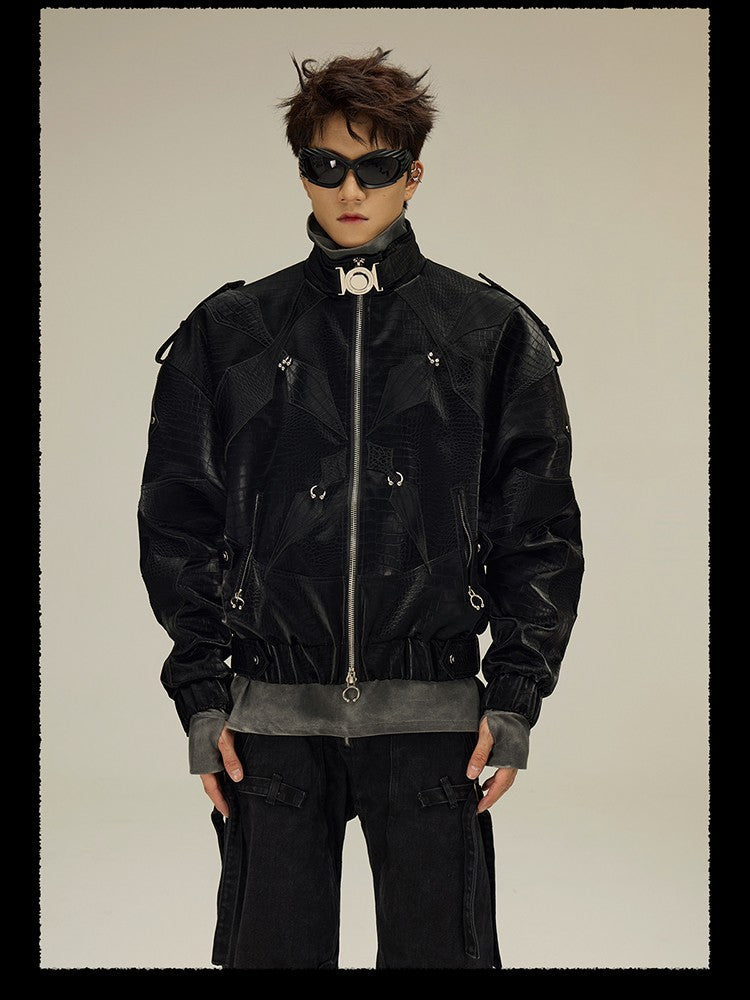 Mauroicardi Spring Autumn Cool Short Shiny Black Crocodile Print Pu Leather Jacket Men Luxury Designer Y2K Streetwear Clothes