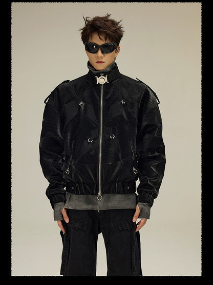 Mauroicardi Spring Autumn Cool Short Shiny Black Crocodile Print Pu Leather Jacket Men Luxury Designer Y2K Streetwear Clothes