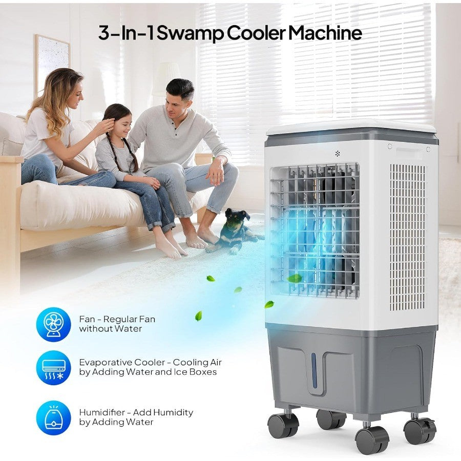 Climatizador Evaporativo ROVSUN 1400CFM com Tanque de Água de 5,2 Gal e 4 Bolsas de Gelo para Uso Interno em Pátios e Garagens - Climatizador Portátil