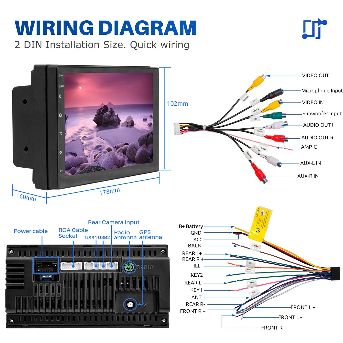 Rádio Estéreo Automotivo de 7/9/10 Polegadas Duplo 2 Din 4+64G Android 15 ChatGpt AI WIFI GPS Navegação FM/RDS Bluetooth SWC Unidade Principal+DVR&AHD