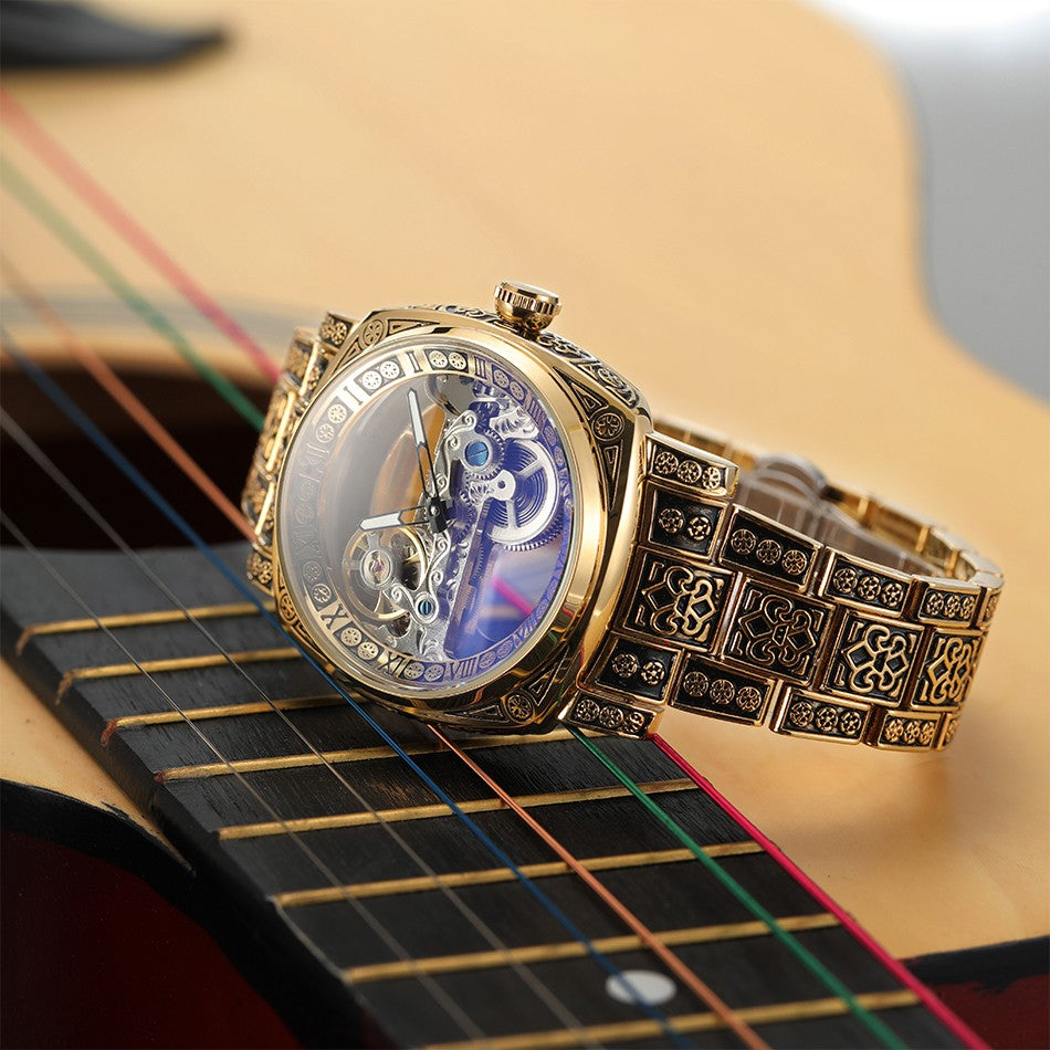 FORSINING High-end Luxury Gold Skeleton Mechanical Man Watch Automatic Movement Clock Stainless Steel Male Bronze Wrist Watches