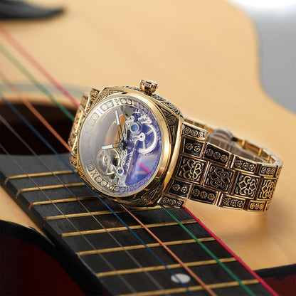 FORSINING High-end Luxury Gold Skeleton Mechanical Man Watch Automatic Movement Clock Stainless Steel Male Bronze Wrist Watches