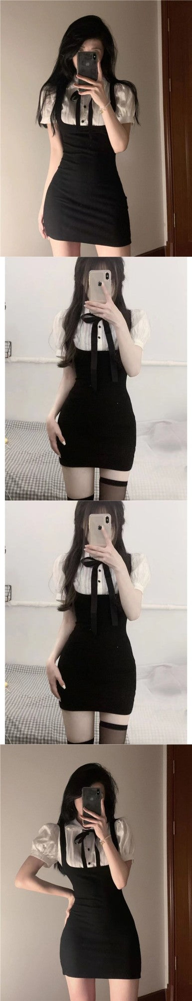 Summer Slimming Black White Splice Mini Dress Trendy Girl Outerwear Base College Style Patchwork Elegant Dress Princess Sleeve P