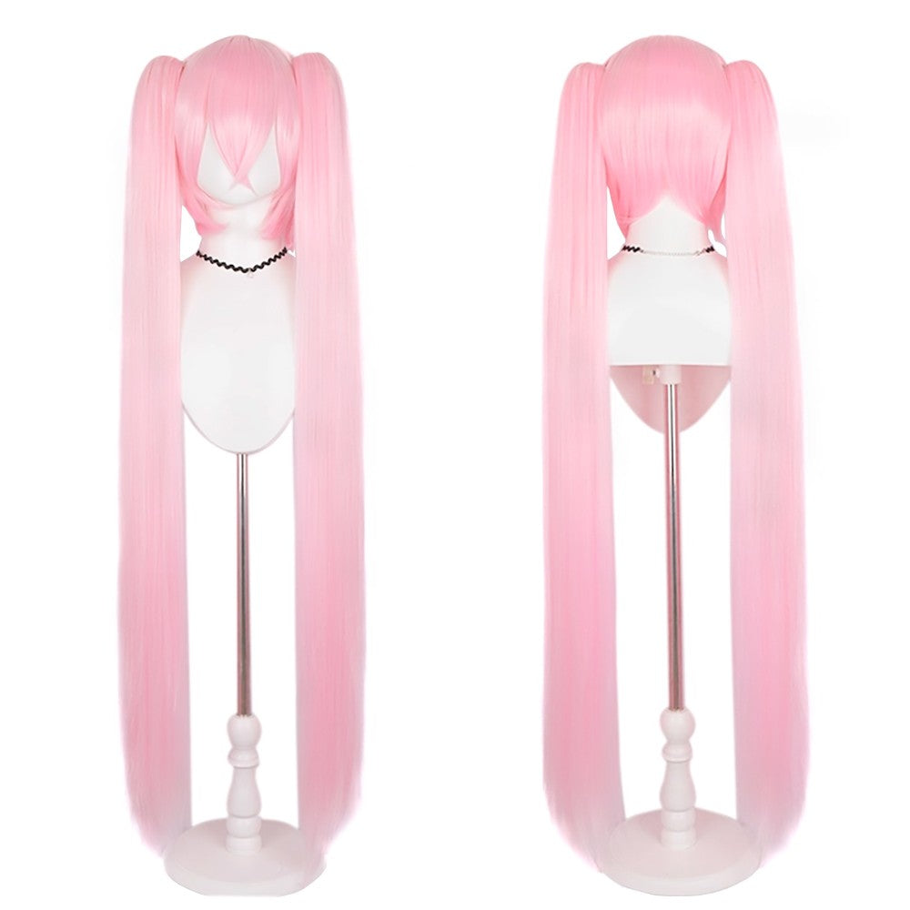 Peruca de Cabelo Sintético de Cosplay de Anime Miku de Alta Qualidade 116 cm de Comprimento com Rabo de Cavalo Duplo Destacável para Festa de Halloween e Carnaval Resistente ao Calor