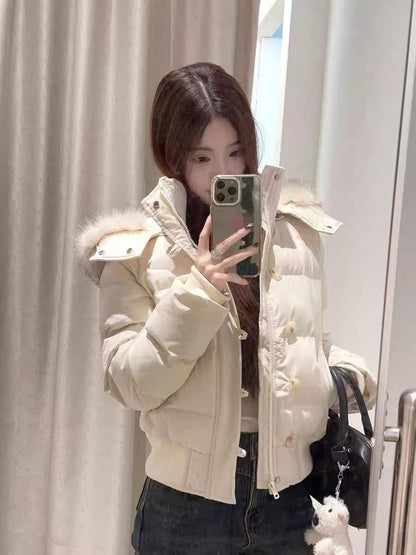 Fur Collar Women Winter Warm Jacket Hooded Thicken Single Breasted Long Sleeve New Zipper Hoodie Casual Female Coat Chic Outwear