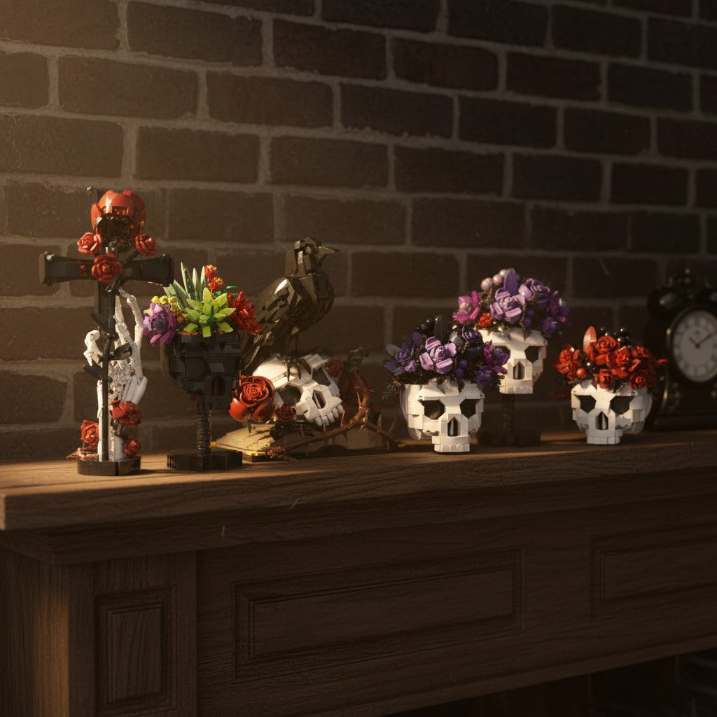 Conjunto de Blocos de Montar Crânio Gótico com Flores MOC, Decoração de Mesa Floral para Halloween, Modelo DIY, Presente Criativo para Adultos e Crianças