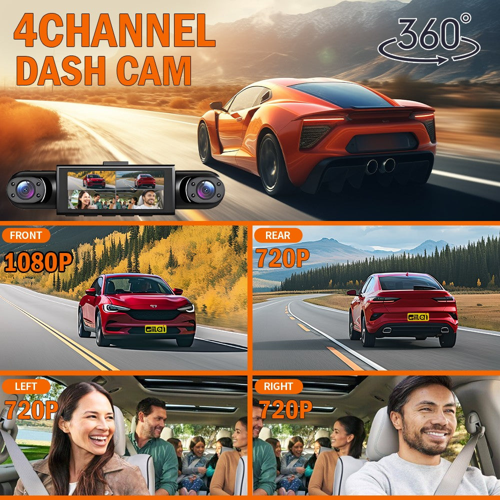 4 Channel Dash Cam 360° Car Video Recorder Black Box with Night Vision 24/7 Parking Monitor G-Sensor Loop Recording auto parts