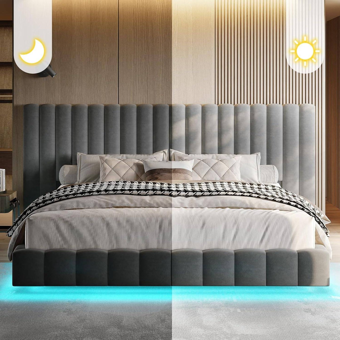 Estrutura de Cama Queen com Luzes LED e Cabeceira Estofada Grande, Plataforma Moderna de Veludo com Design Flutuante, Sem Box
