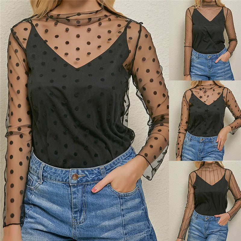 Women's Sexy Mesh Sheer Lace Blouses Perspective Long Sleeve Stand Collar Mesh Tops Striped Polka Dot Stars Party Tee Blouses