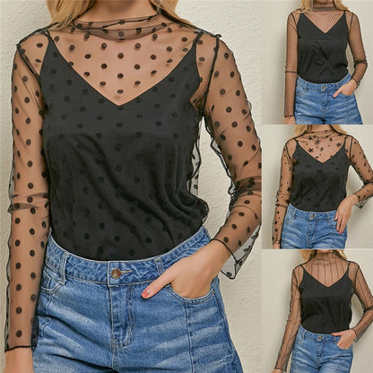 Women's Sexy Mesh Sheer Lace Blouses Perspective Long Sleeve Stand Collar Mesh Tops Striped Polka Dot Stars Party Tee Blouses
