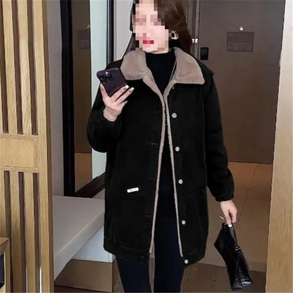 Plus Size Plus Size Fleece Lined Jacket Women's Winter Fashion Loose Coat Mid-Length High Quality Jacket for Mature Women