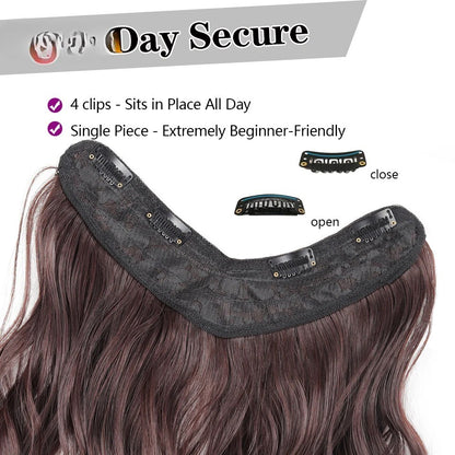 ?Extensões com Presilha em V Cabelo Sintético Ondulado com 4 Presilhas Castanho Preto Extensões de Uma Peça para Mulheres Uso Diário
