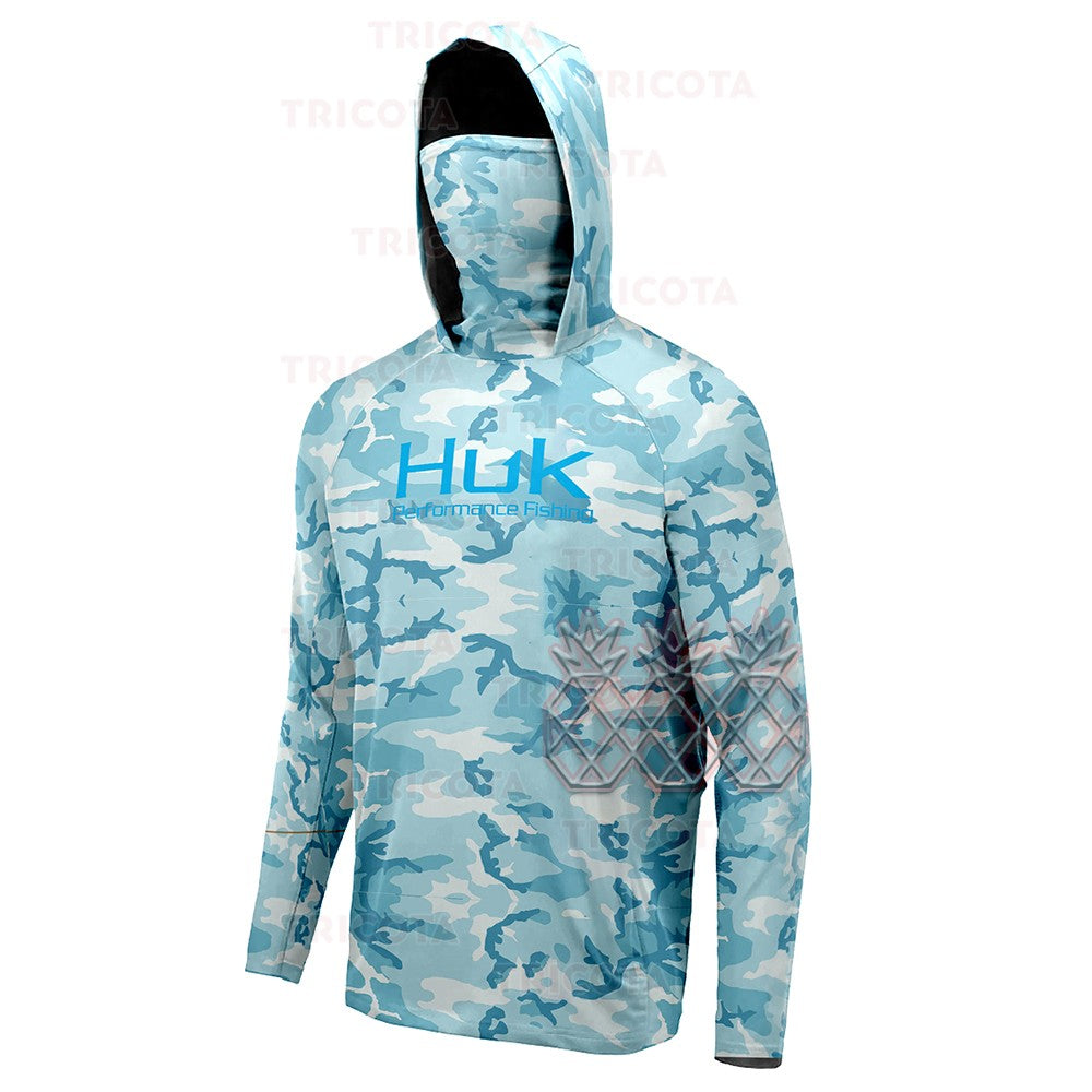 Camisas de Pesca HUK Masculinas Máscara Manga Longa Roupas de Pesca Ao Ar Livre Roupa UV Casaco com Capuz Upf Protetor Solar Respirável Tops de Pesca