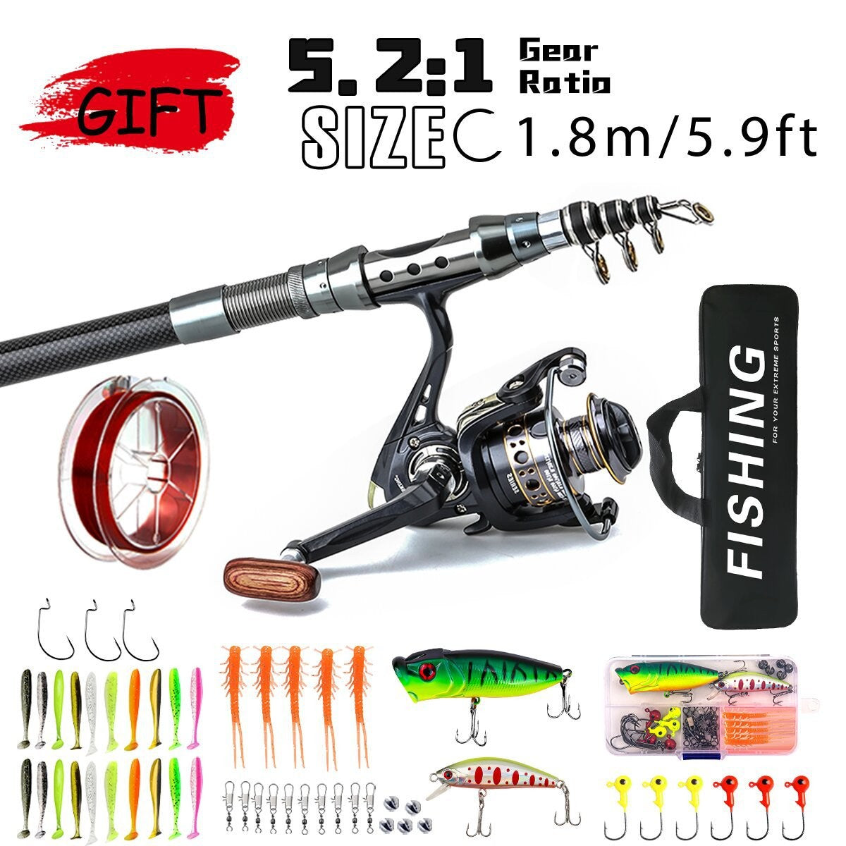 1.8-3m Carbon Fiber Fishing Rods and Reel Combo Super Hard Telescopic Fishing Pole Spinning Reel Kit