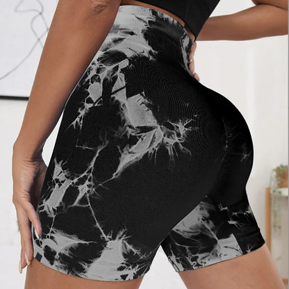 Seamless Tie Dye Sports Tight Three Piece Pants for External Wear Sexy Yoga Fitness Shorts for Women, High Waist Hip Lifting and