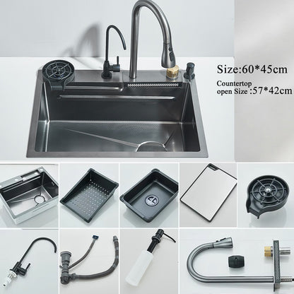 304 Stainless Steel Waterfall Kitchen Sink Large Single Slot Integrated Digital Display Faucet Set Soap Dispenser Cup Washer
