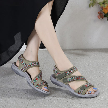 Spring And Summer Printed Velcro Comfortable Casual Beach Flat Sandals For Women's Ethnic Style Leisure Comfortable And Simple