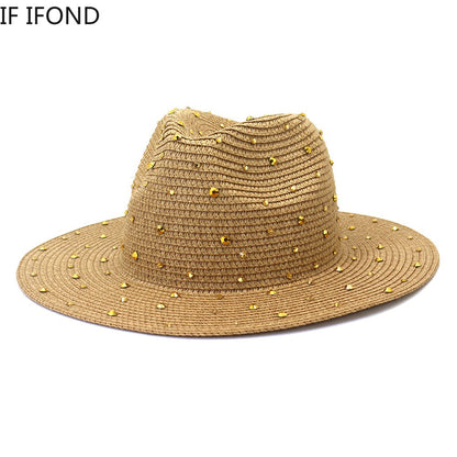Hand made Diamond Straw Hat For Women's Summer Wide side Jazz Dress Cap Holiday Sun Protection Beach Hats
